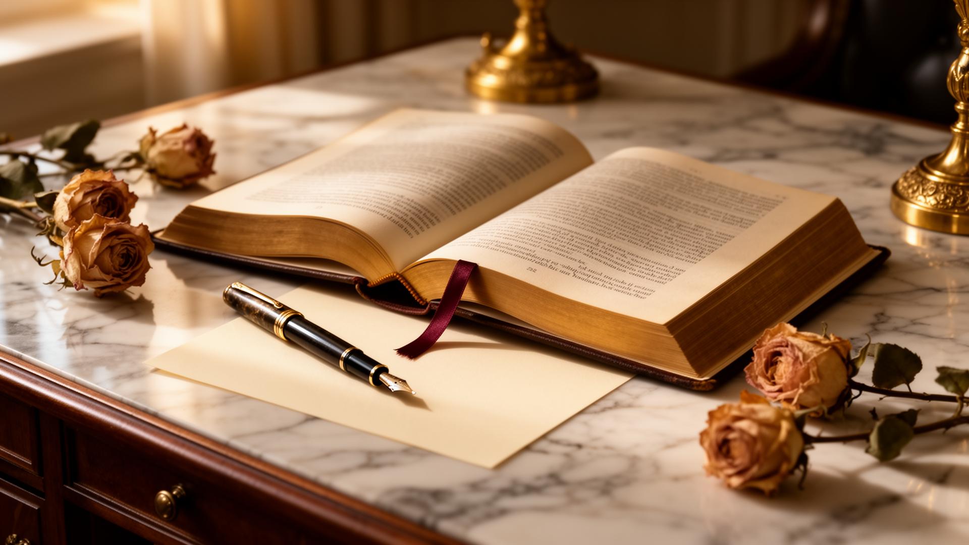 Open book with fountain pen on a marble writing desk