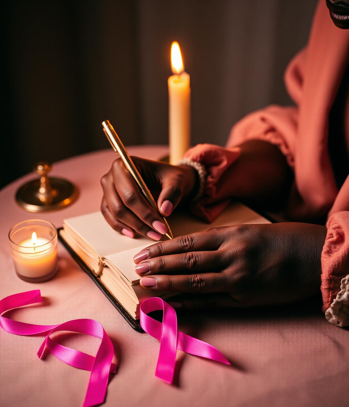 Hands writing in a leather journal by candlelight